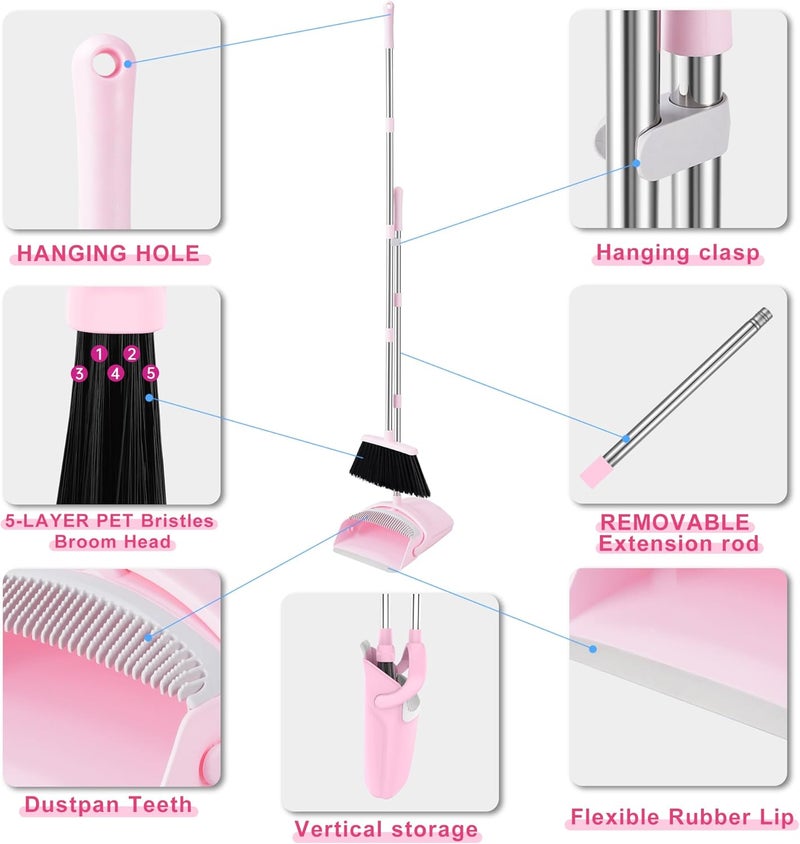 BSKLIN Broom and Dustpan Set Pink, Broom with Dustpan Combo Set for Home 52-in Long Adjustable Handle Dustpan Teeth to Clean Hair for Home Office Kitchen Lobby - Image 3
